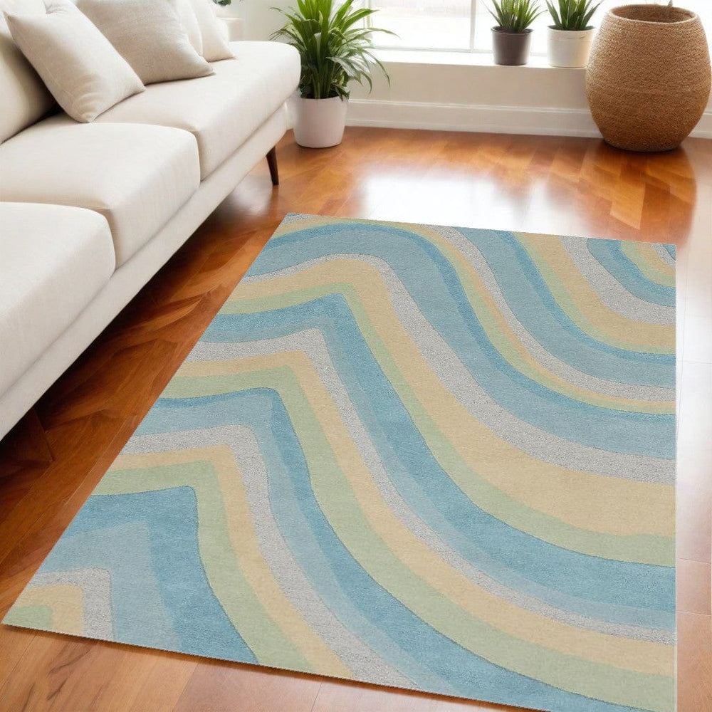 5' X 8' Ocean Blue Beige Hand Tufted Abstract Waves Indoor Area Rug - Homeroots