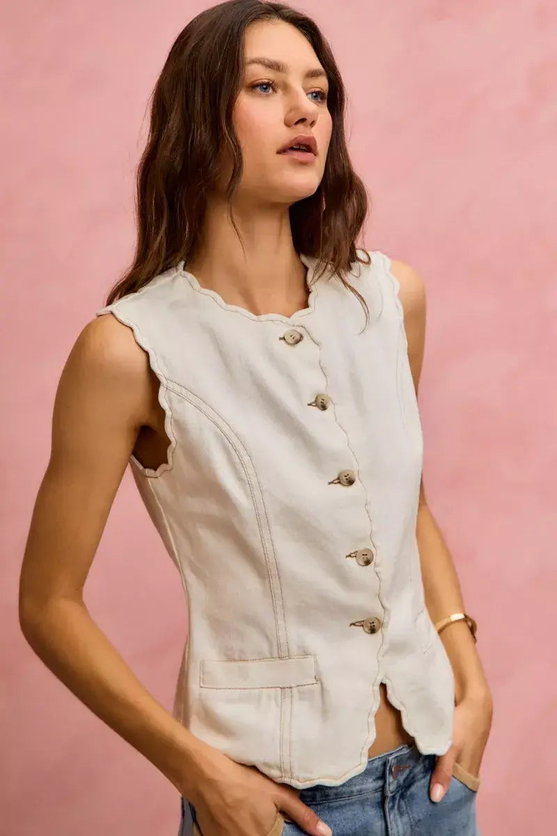 SO ME Scalloped Edge Cotton Twill Washed Vest Top - Trendsi - Flyclothing LLC