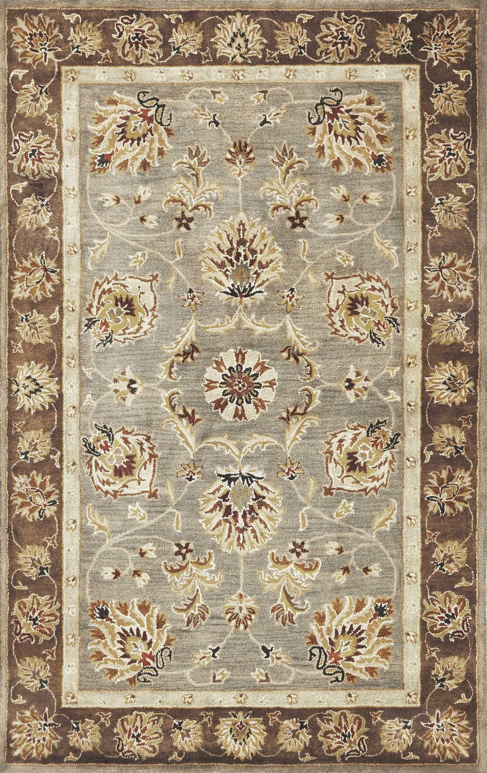 5' X 8' Grey Or Mocha Floral Bordered Wool Indoor Area Rug - Homeroots - Flyclothing LLC