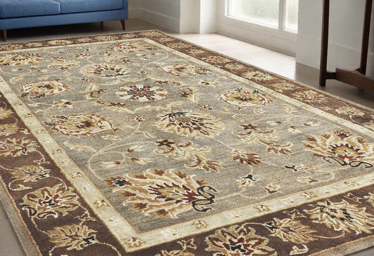 5' X 8' Grey Or Mocha  Floral Bordered Wool Indoor Area Rug - Homeroots