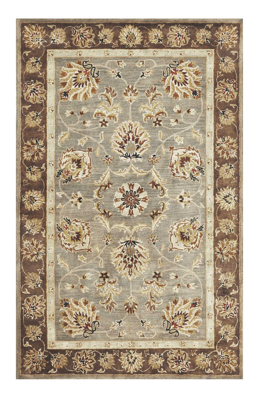 5' X 8' Grey Or Mocha  Floral Bordered Wool Indoor Area Rug - Homeroots