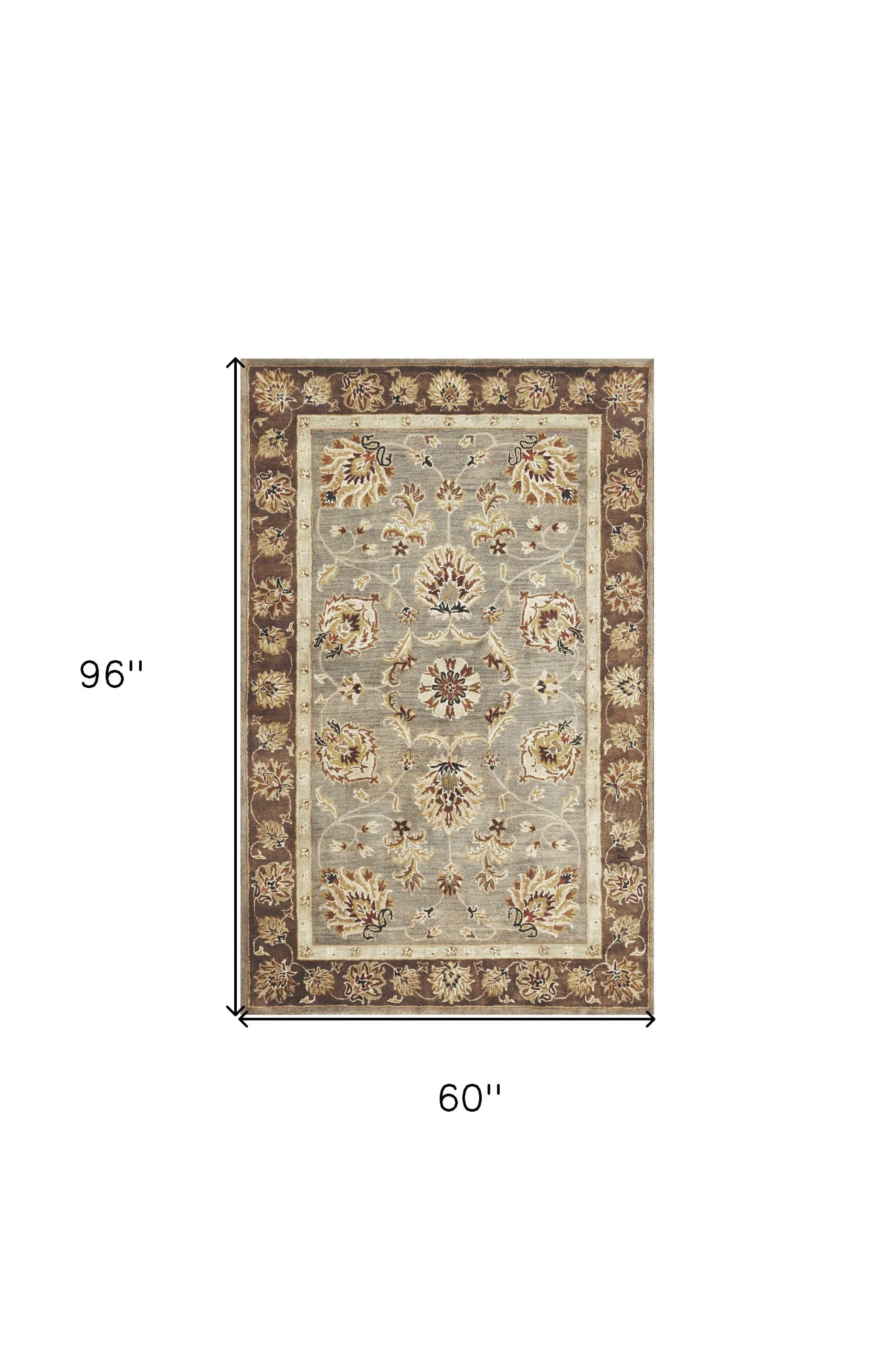 5' X 8' Grey Or Mocha  Floral Bordered Wool Indoor Area Rug - Homeroots