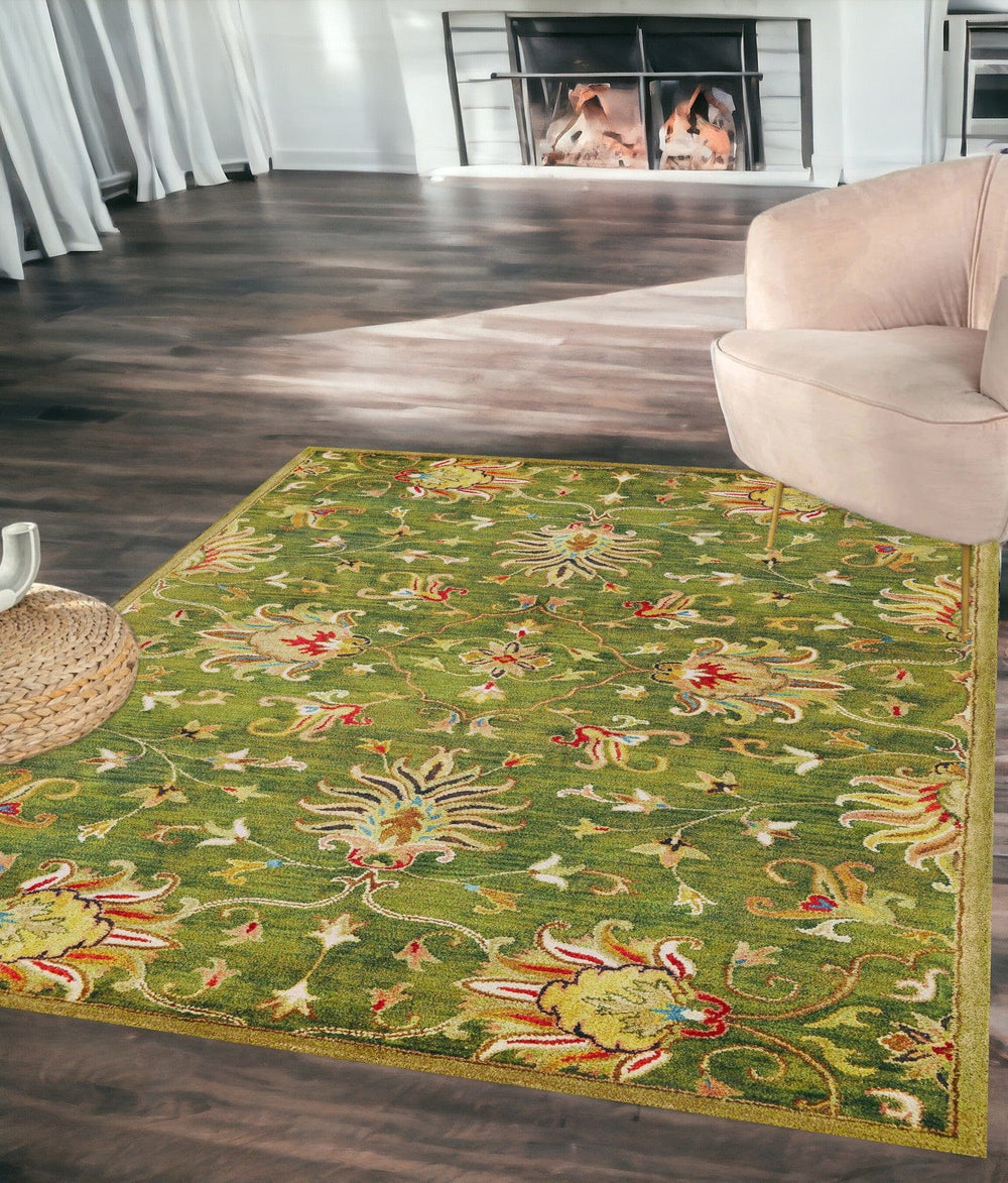 5' X 8' Green and Red Wool Floral Vines Hand Tufted Area Rug - Homeroots