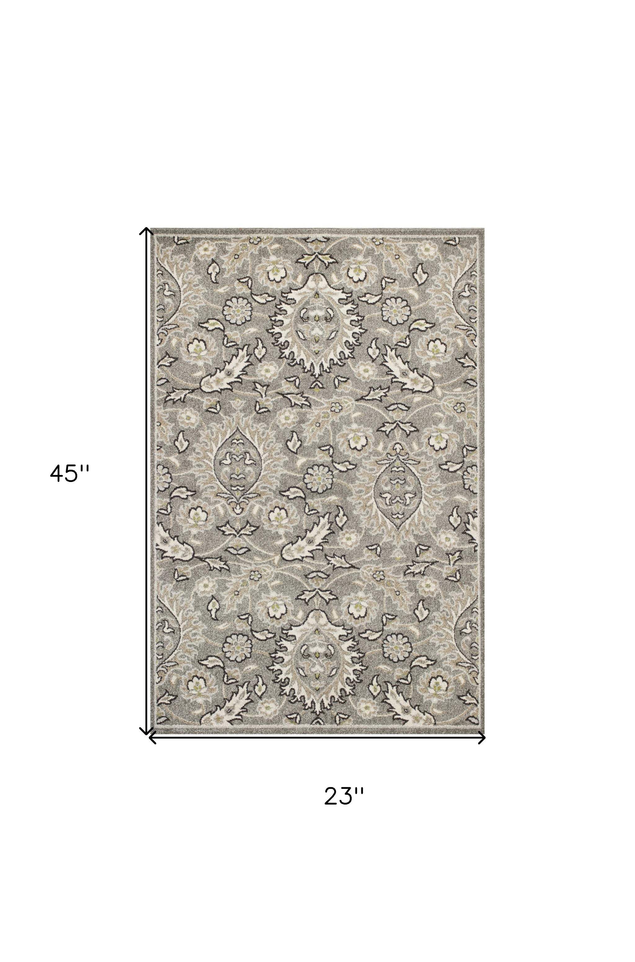 2' X 4' Gray and Ivory Floral Area Rug - Homeroots - Flyclothing LLC