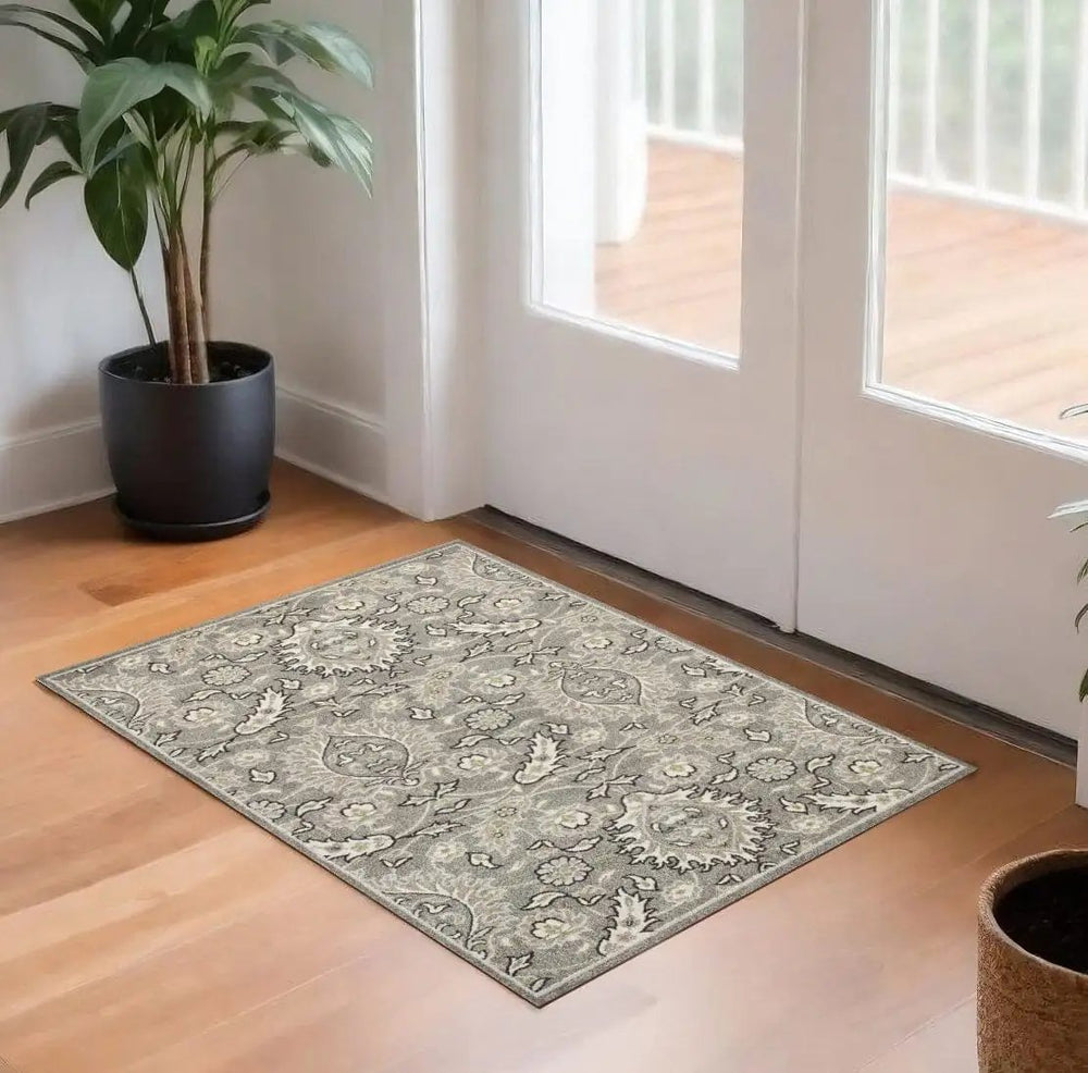 2' X 4' Gray and Ivory Floral Area Rug - Homeroots