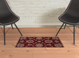 2' X 3' Red Ivory Machine Woven Floral Traditional Indoor Accent Rug - Homeroots