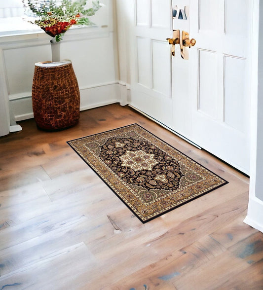 2' X 3' Beige And Black Floral Medallion Area Rug - Homeroots