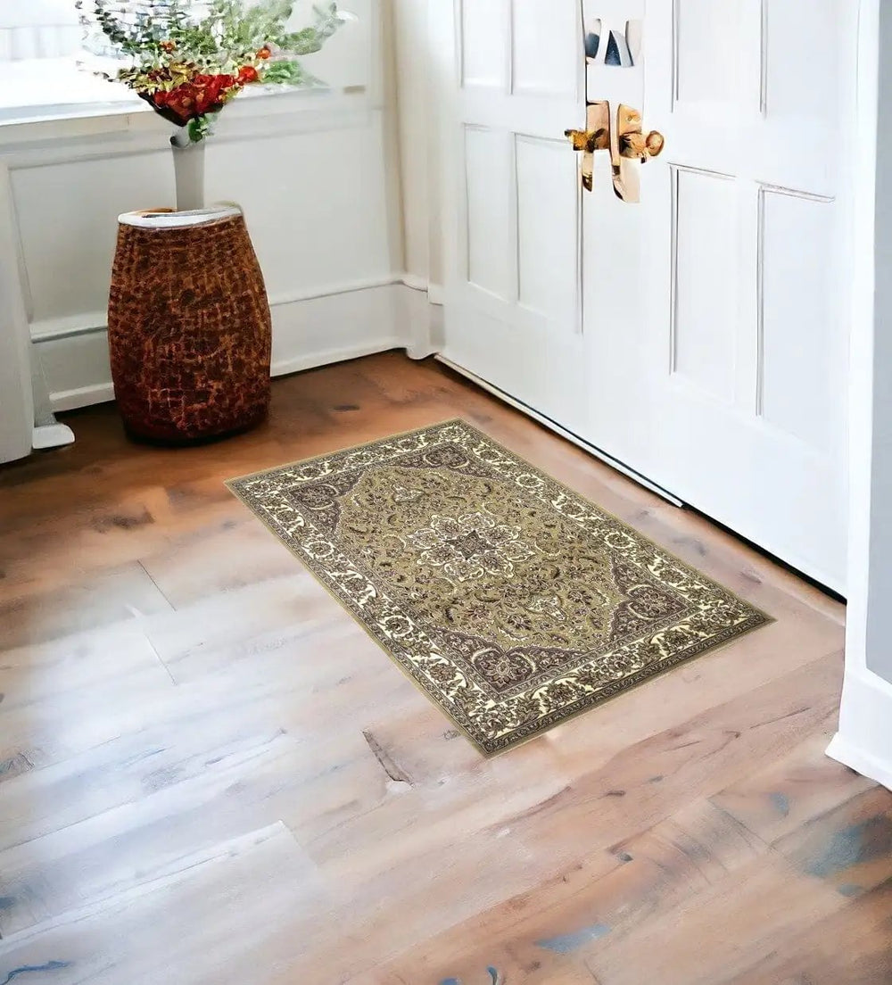 2' X 3' Beige And Ivory Floral Medallion Area Rug - Homeroots