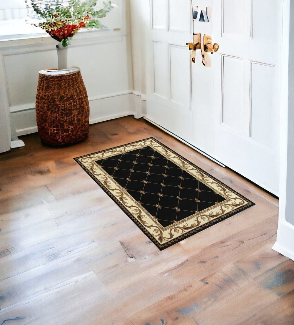 2' X 3' Black Machine Woven Hand Carved Fleur De Lis Indoor Accent Rug - Homeroots