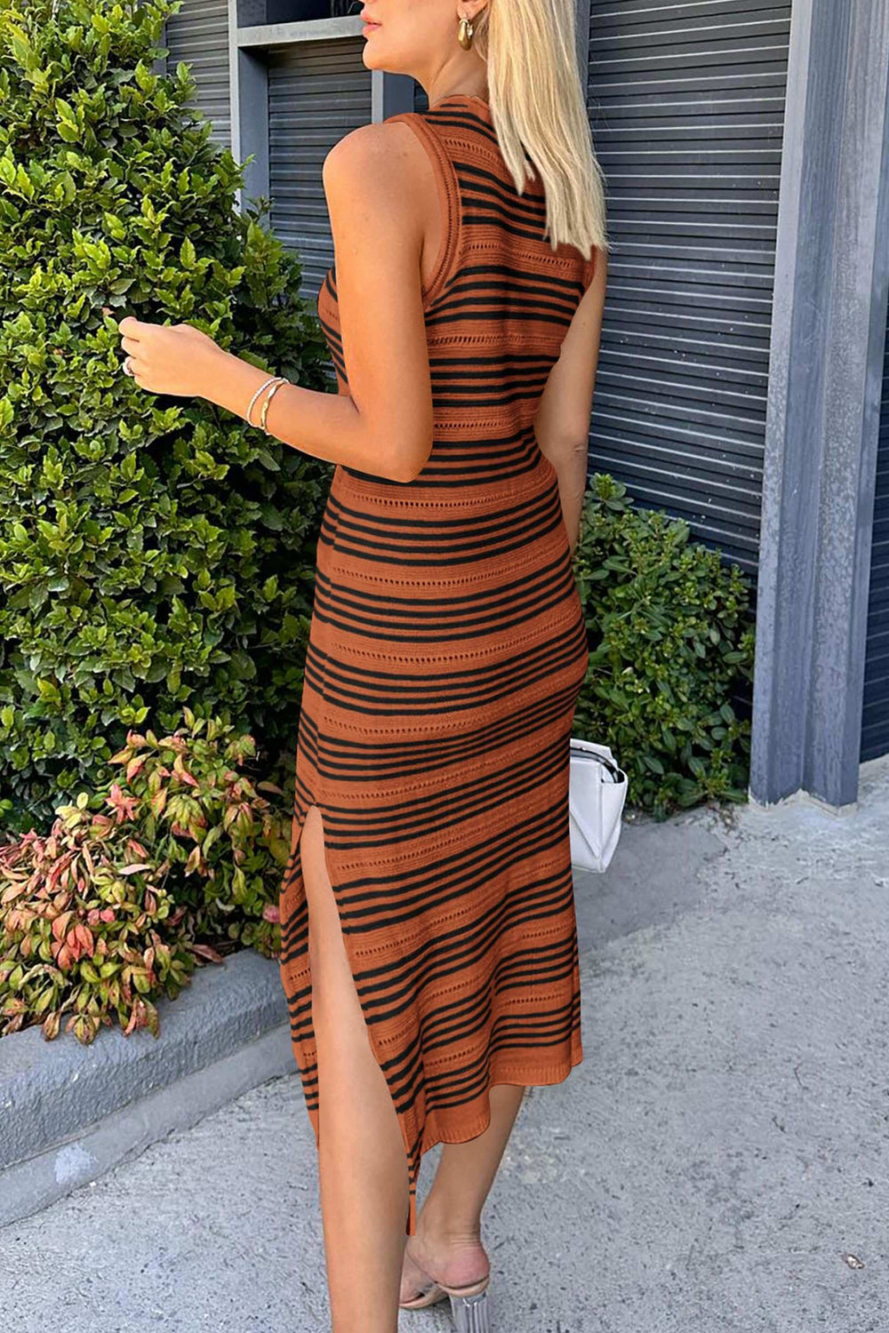 Slit Striped Round Neck Sleeveless Midi Dress - Trendsi - Flyclothing LLC
