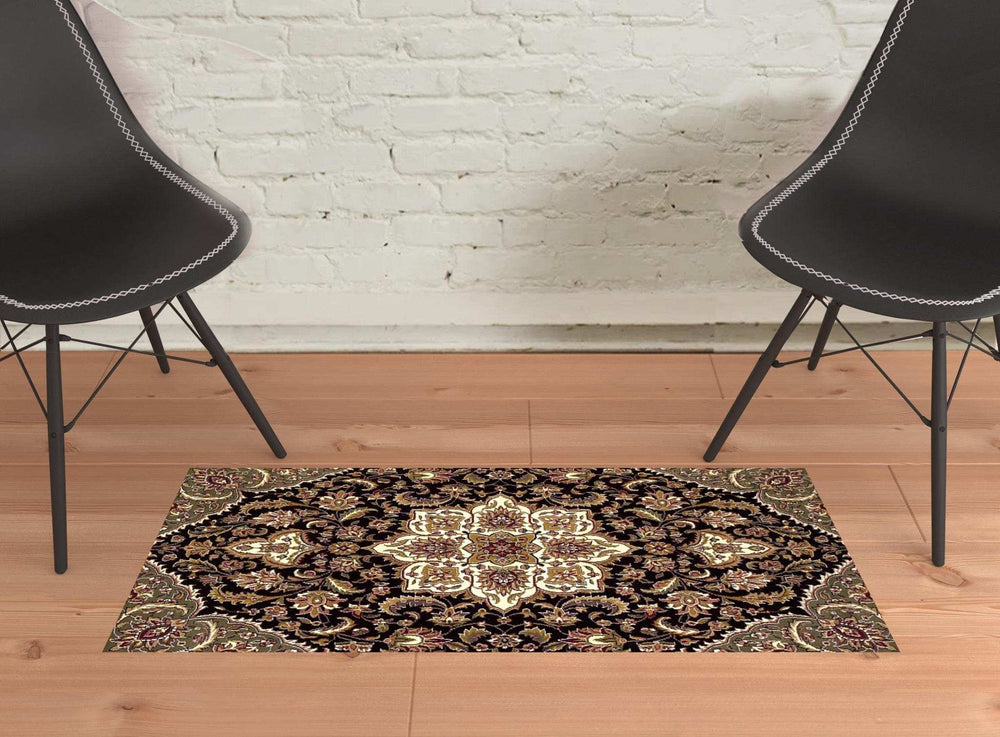 2' X 3' Black Beige Machine Woven Floral Medallion Indoor Accent Rug - Homeroots - Flyclothing LLC