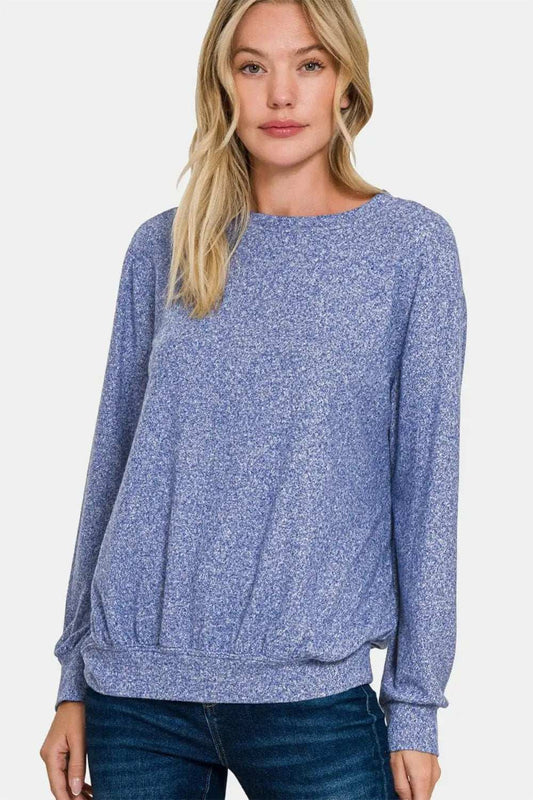 Zenana Full Size Melange Round Neck Top - Trendsi - Flyclothing LLC
