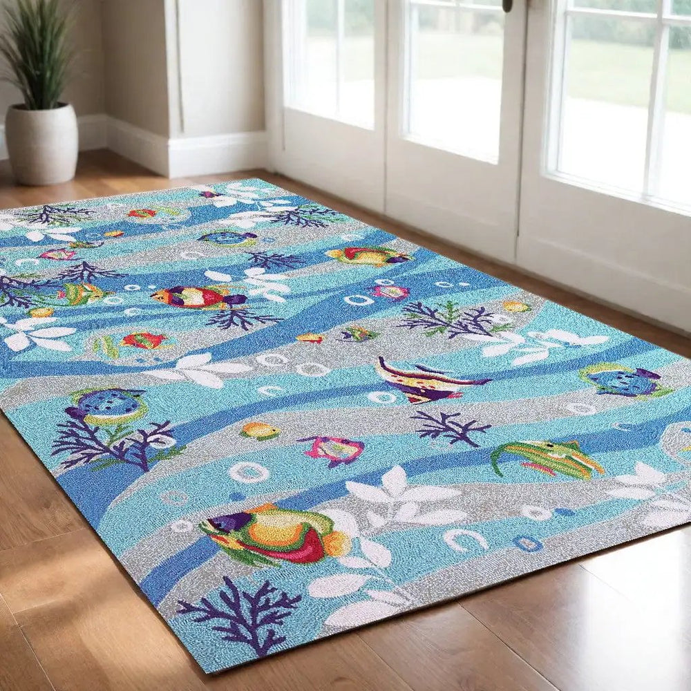 2' X 4' Blue Fish and Coral Hand Tufted Area Rug - Homeroots