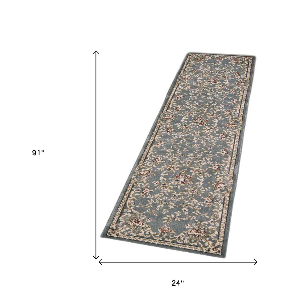 8' Slate Blue Bordered Floral Indoor Runner Rug - Homeroots - Flyclothing LLC