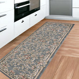 8' Slate Blue Bordered Floral Indoor Runner Rug - Homeroots