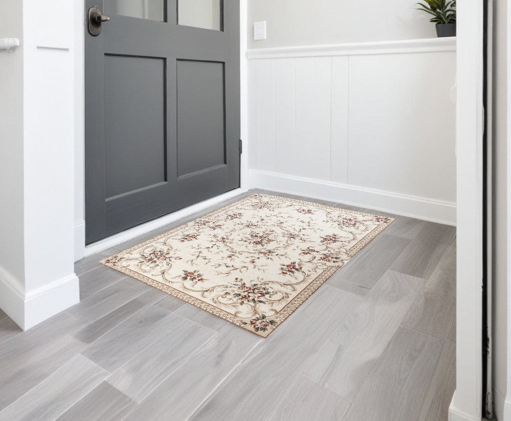 3' X 5' Ivory Bordered Floral Indoor Area Rug - Homeroots