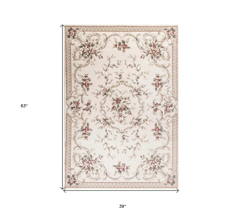 3' X 5' Ivory Bordered Floral Indoor Area Rug - Homeroots - Flyclothing LLC
