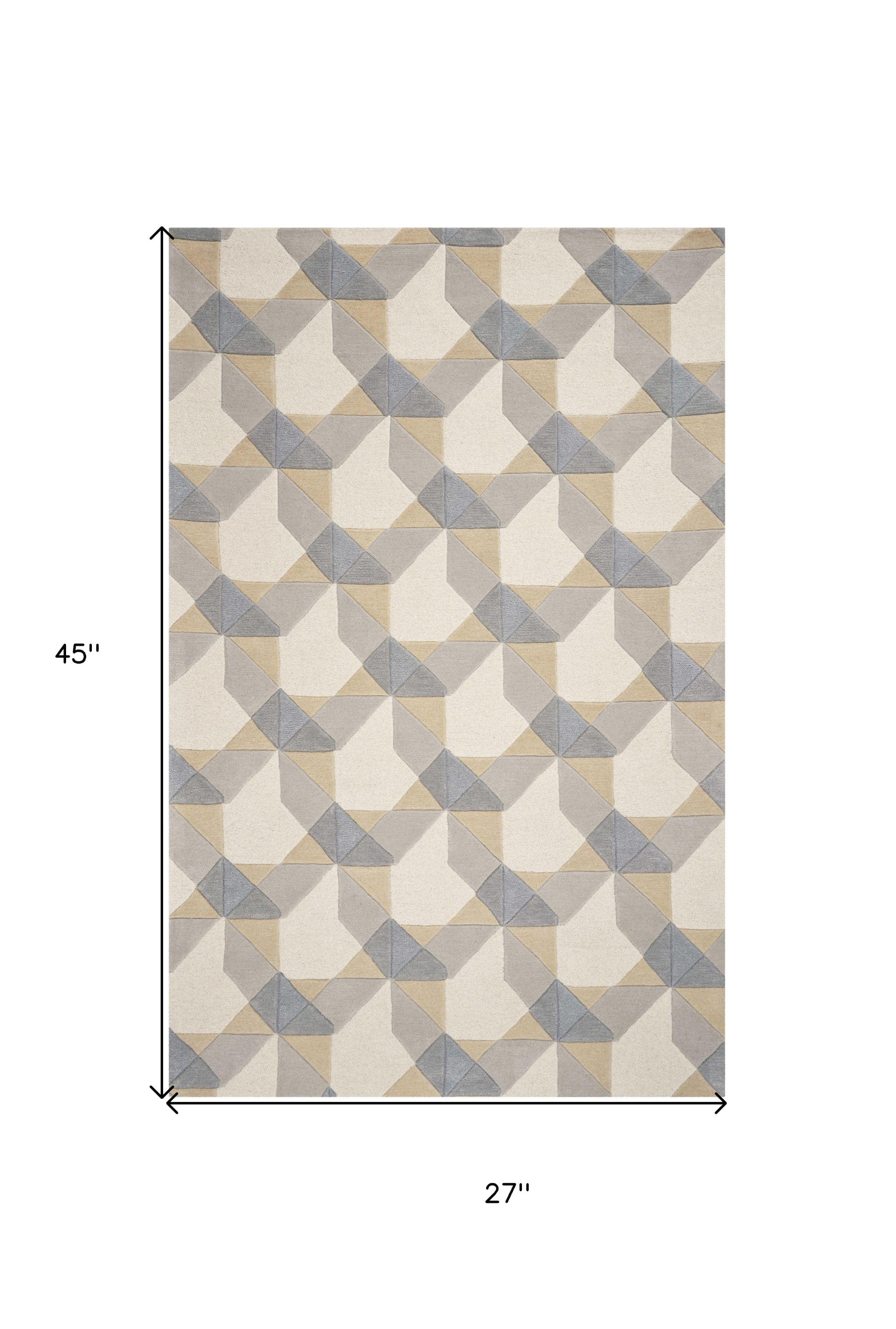 2' X 4' Ivory Or Grey Polygon Pattern Wool Area Rug