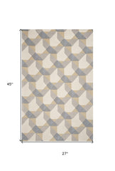2' X 4' Ivory Or Grey Polygon Pattern Wool Area Rug