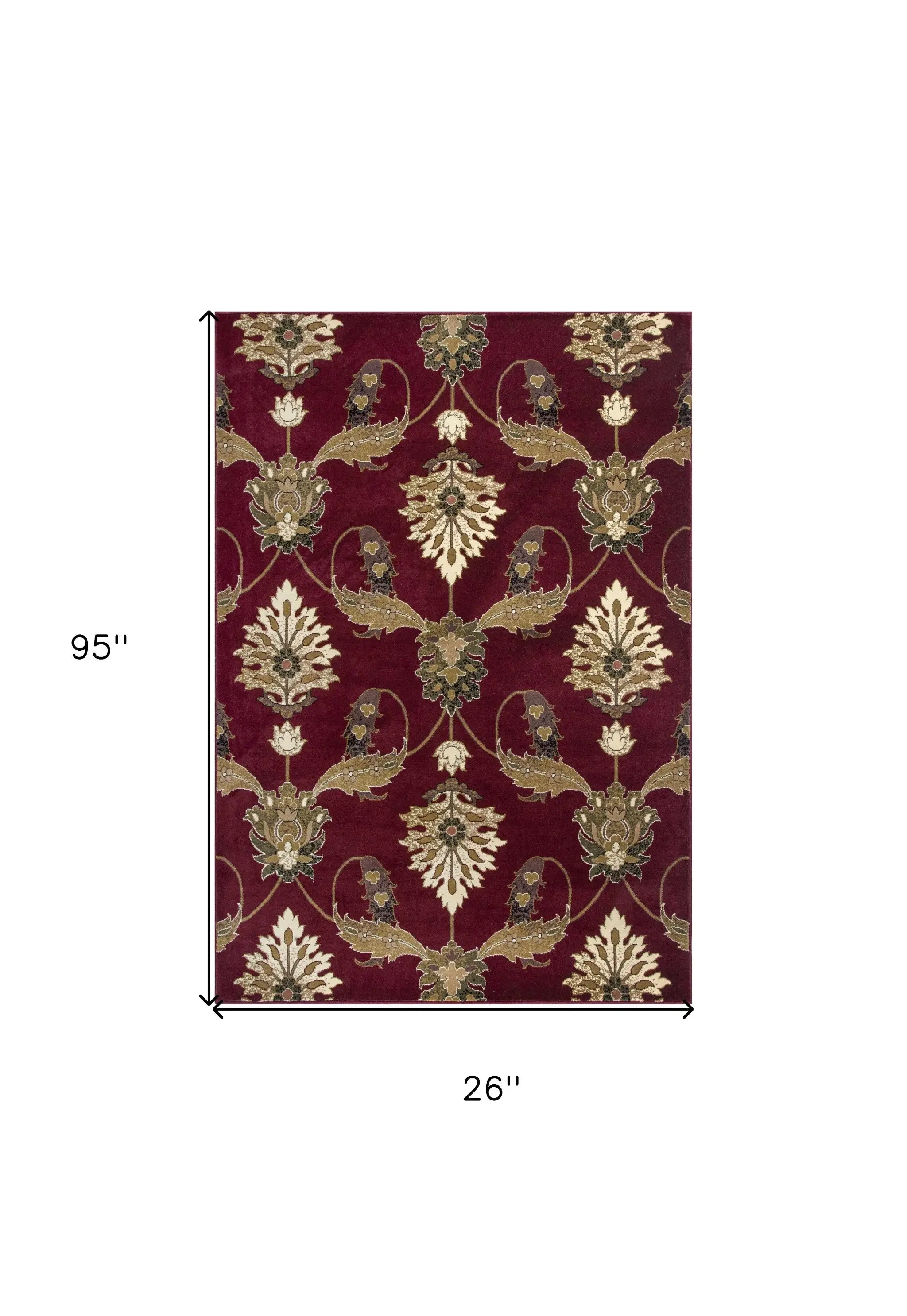 8' Red and Ivory Floral Runner Rug - Homeroots - Flyclothing LLC