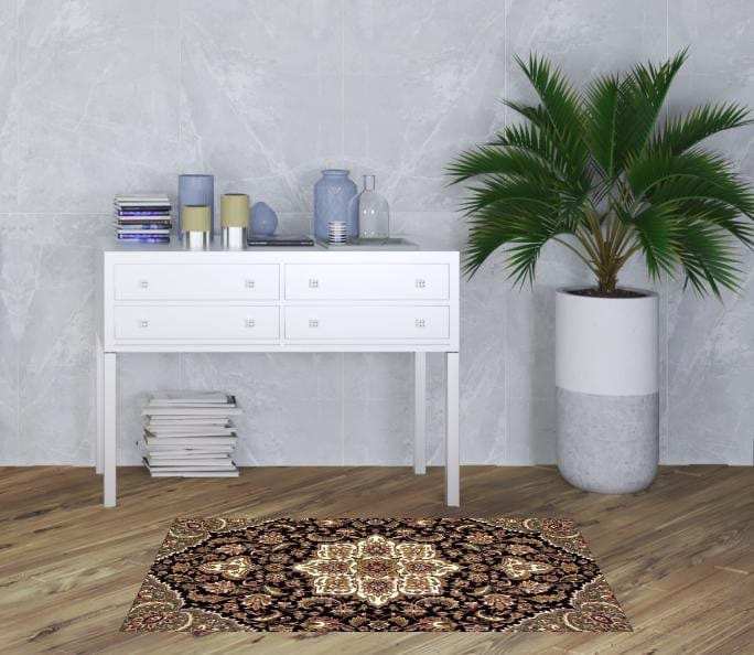 3' X 5' Black Beige Machine Woven Floral Medallion Indoor Area Rug - Homeroots - Flyclothing LLC