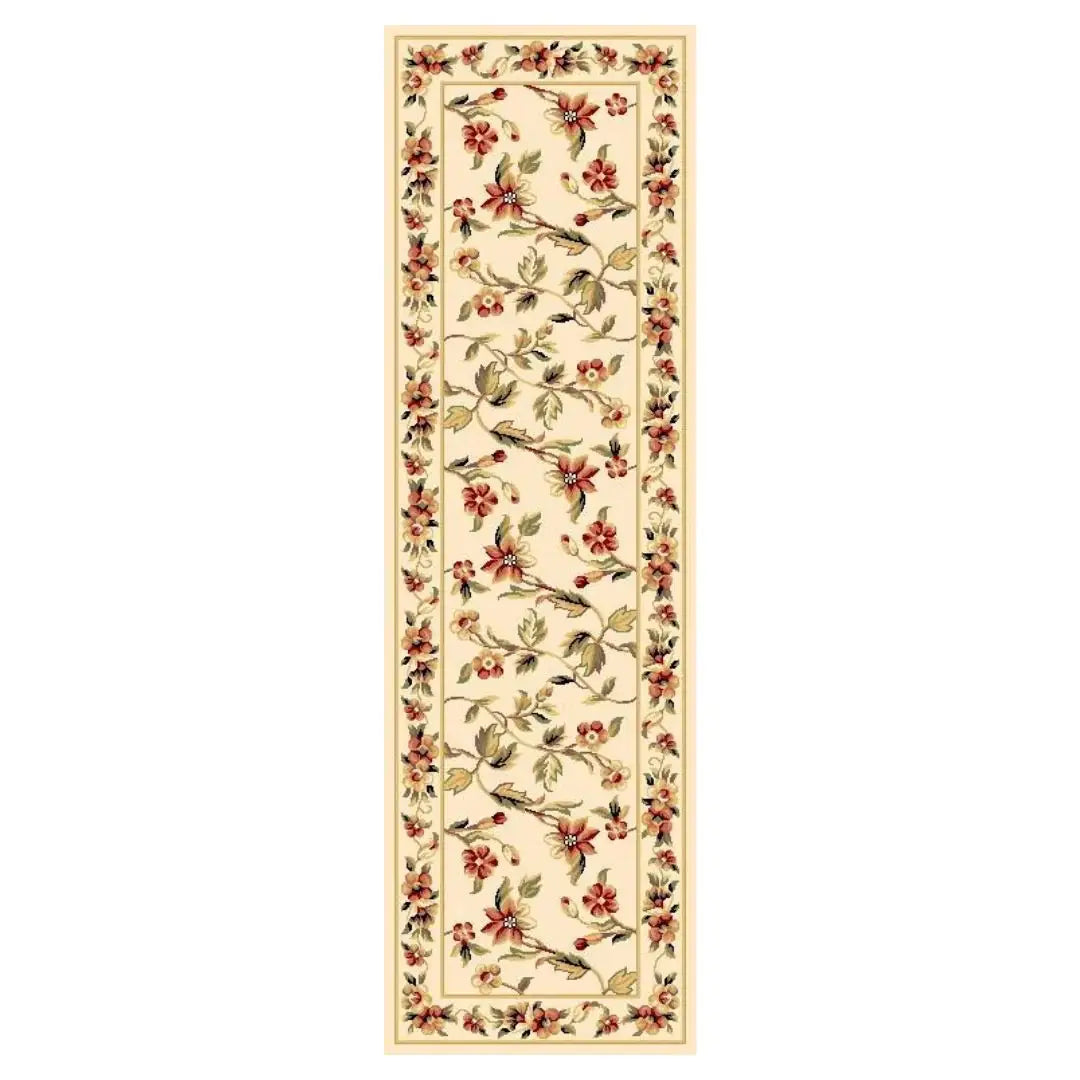 8' Ivory Green and Red Floral Vines Runner Rug - Homeroots - Flyclothing LLC