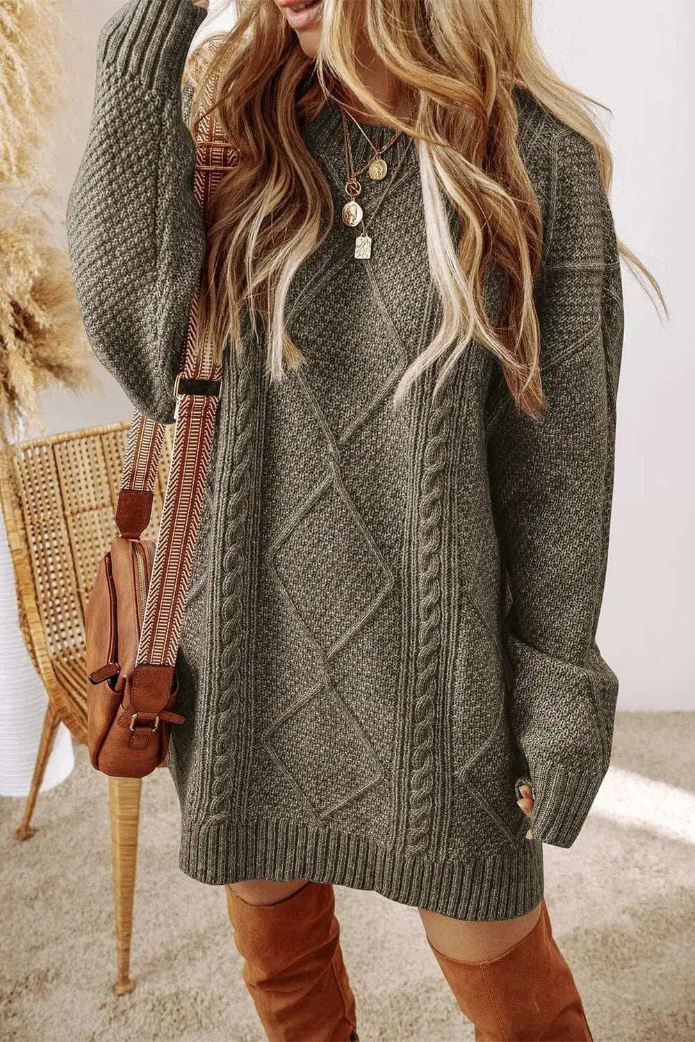 Cable-Knit Round Neck Sweater Dress - Trendsi - Flyclothing LLC