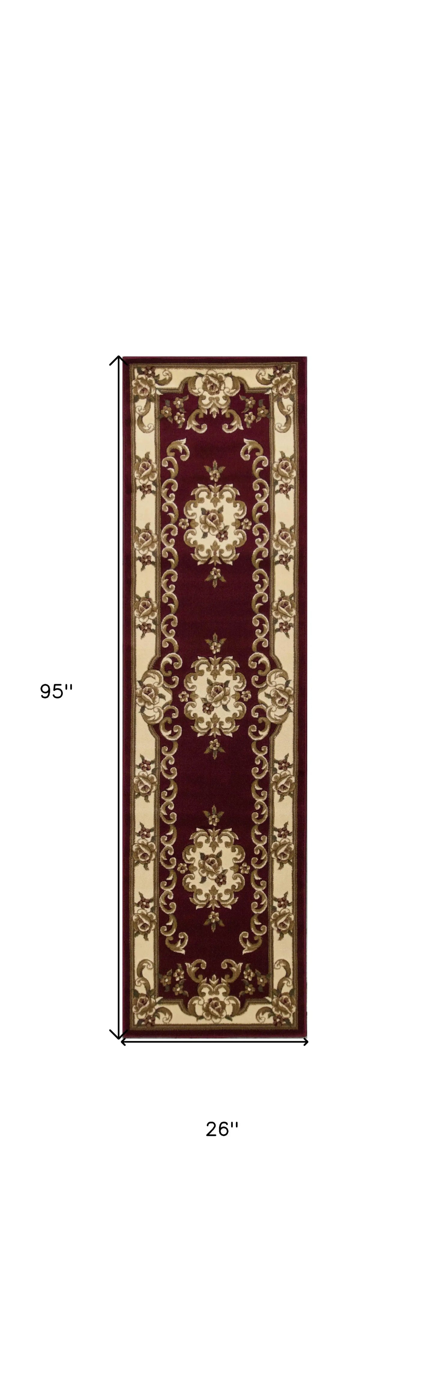 8' Red and Ivory Floral Border Runner Rug - Homeroots - Flyclothing LLC