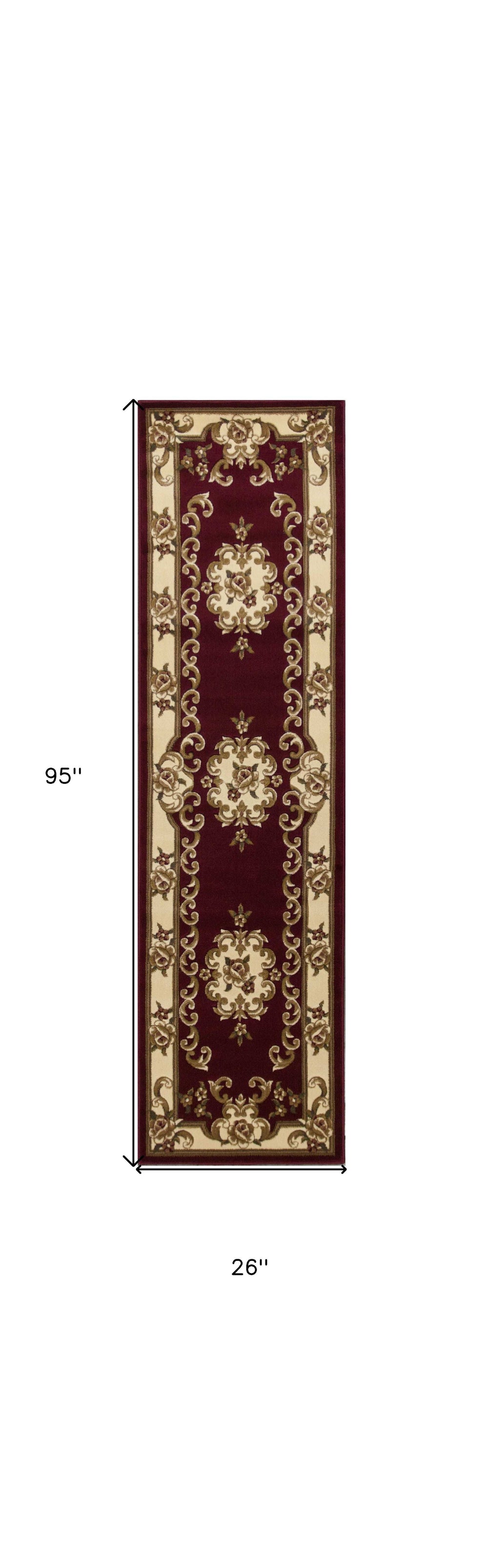 8' Red and Ivory Floral Border Runner Rug - Homeroots - Flyclothing LLC