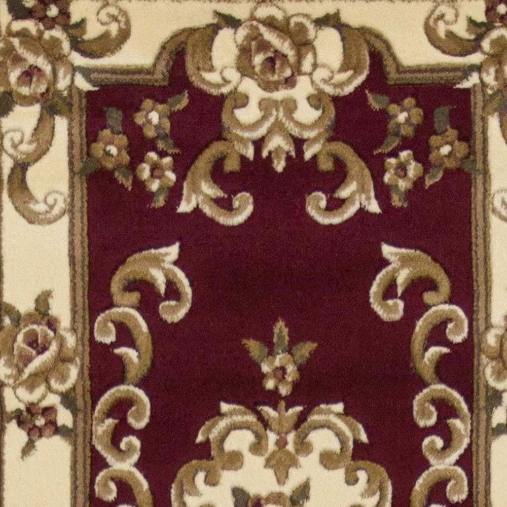 8' Red and Ivory Floral Border Runner Rug - Homeroots - Flyclothing LLC
