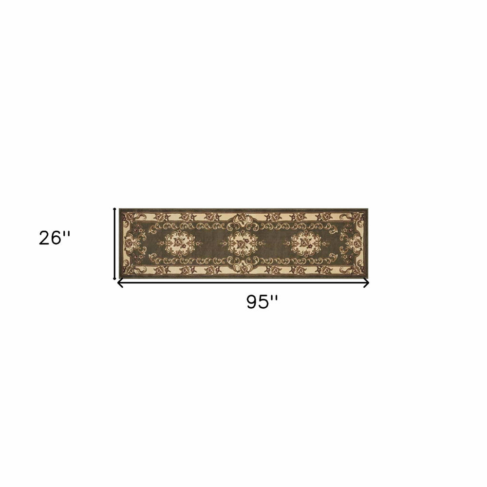 8' Green and Ivory Medallion Runner Rug - Homeroots - Flyclothing LLC