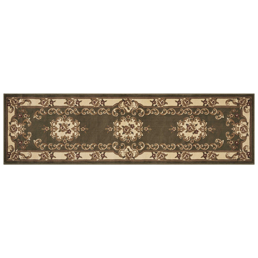 8' Green and Ivory Medallion Runner Rug