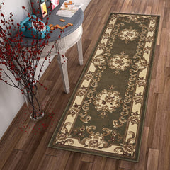 8' Green and Ivory Medallion Runner Rug - Homeroots