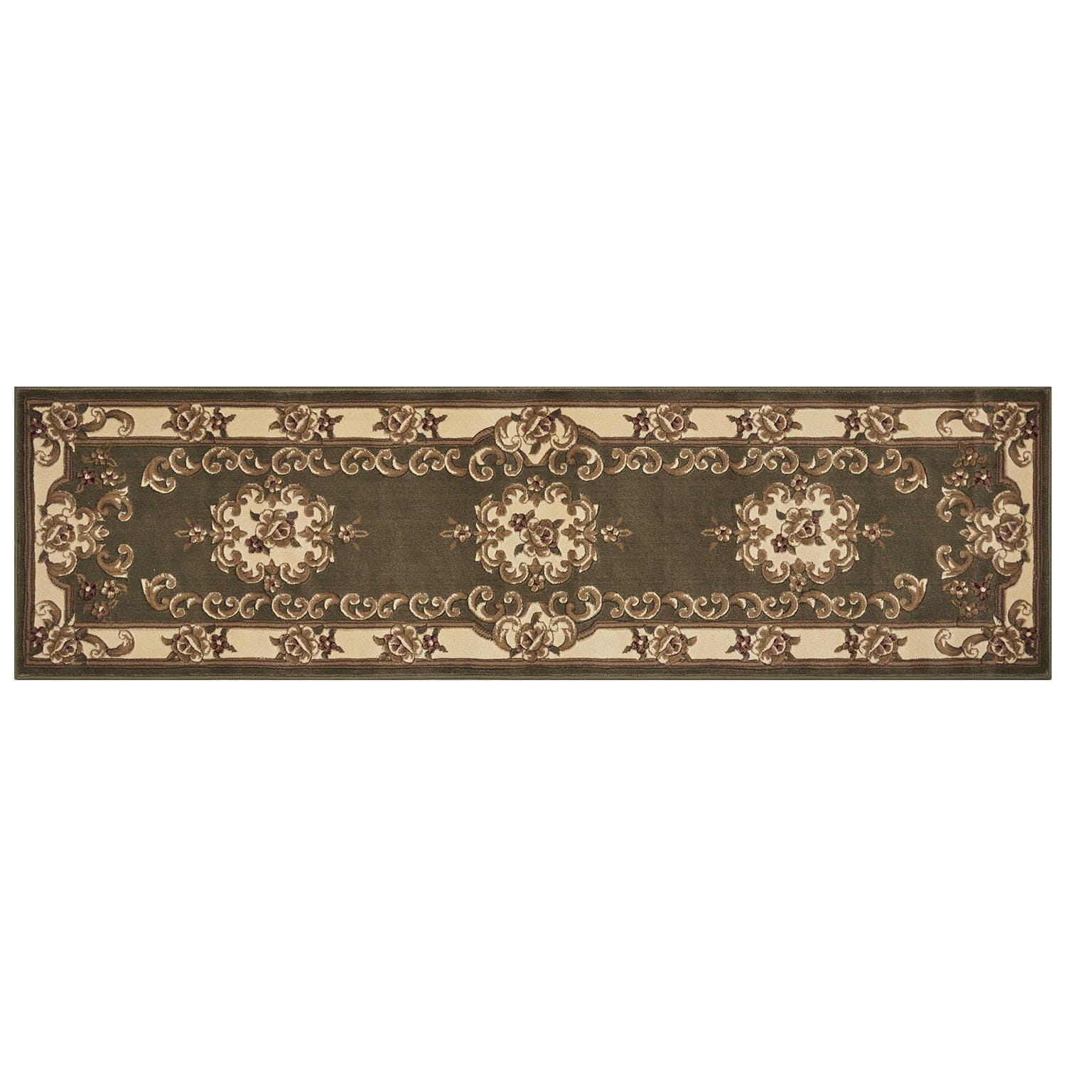 8' Green and Ivory Medallion Runner Rug