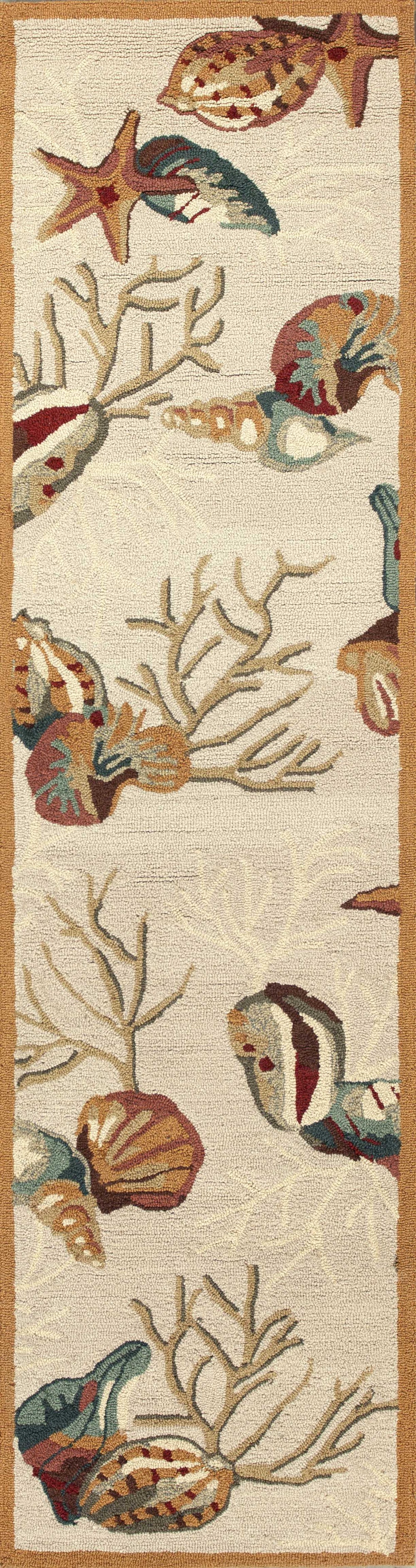 8' Beige Hand Hooked Sea Shells Indoor Runner Rug - Homeroots