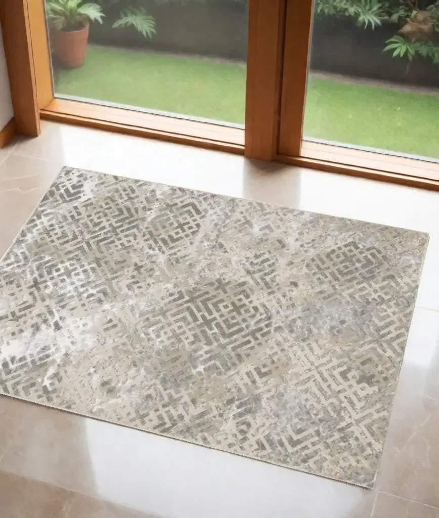 3' X 5' Sand Geometric Distressed Area Rug - Homeroots - Flyclothing LLC