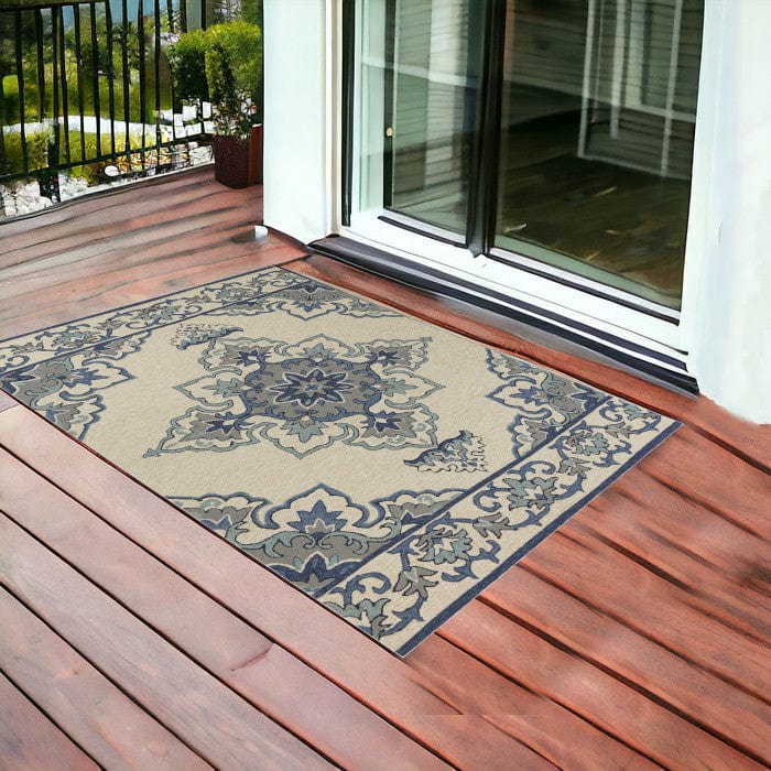3' X 5' Ivory and Blue Damask Handmade Indoor Outdoor Area Rug - Homeroots