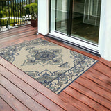 3' X 5' Ivory and Blue Damask Handmade Indoor Outdoor Area Rug - Homeroots