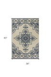3' X 5' Ivory and Blue Damask Handmade Indoor Outdoor Area Rug - Homeroots
