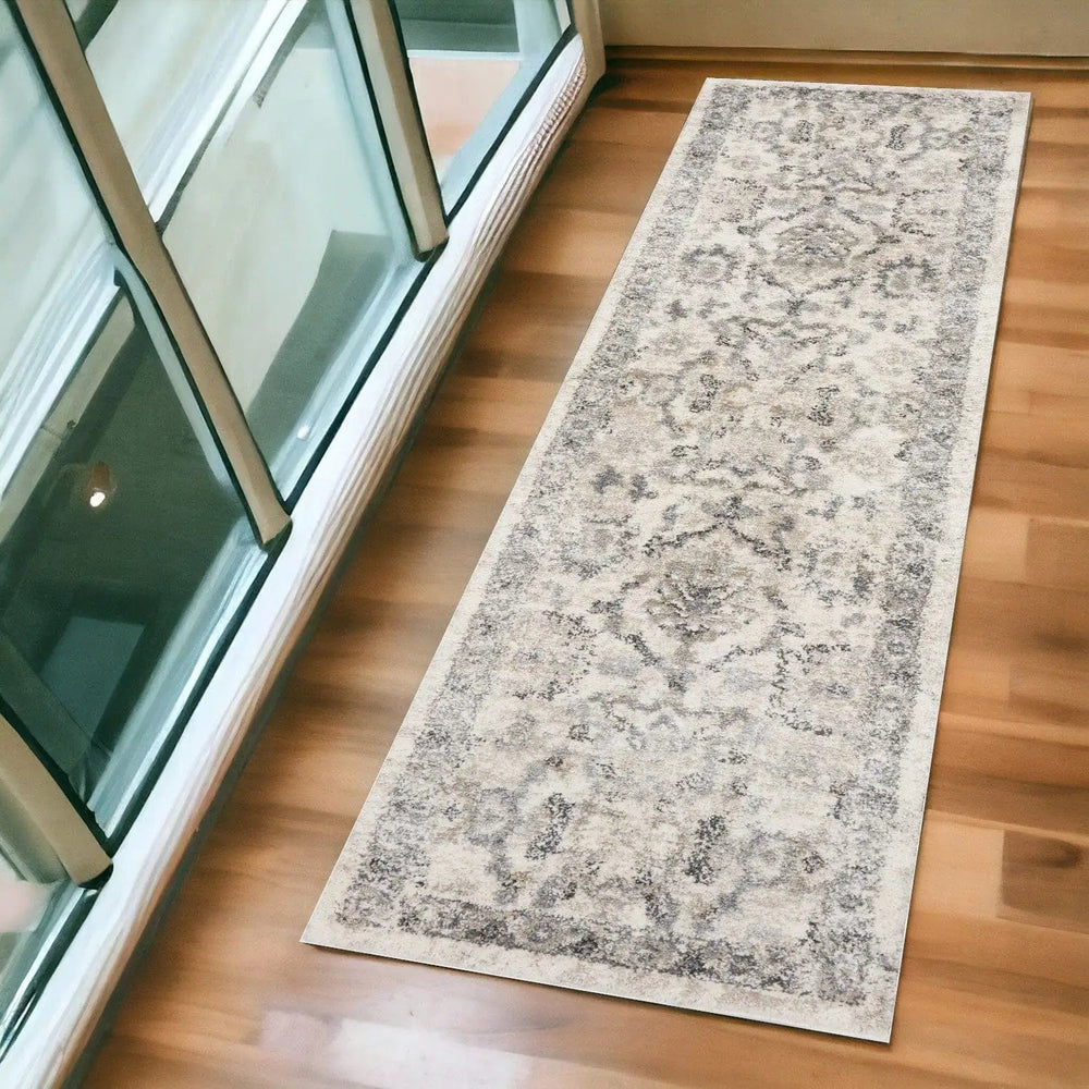 7' Runner Ivory Floral Distressed Runner Rug - Homeroots