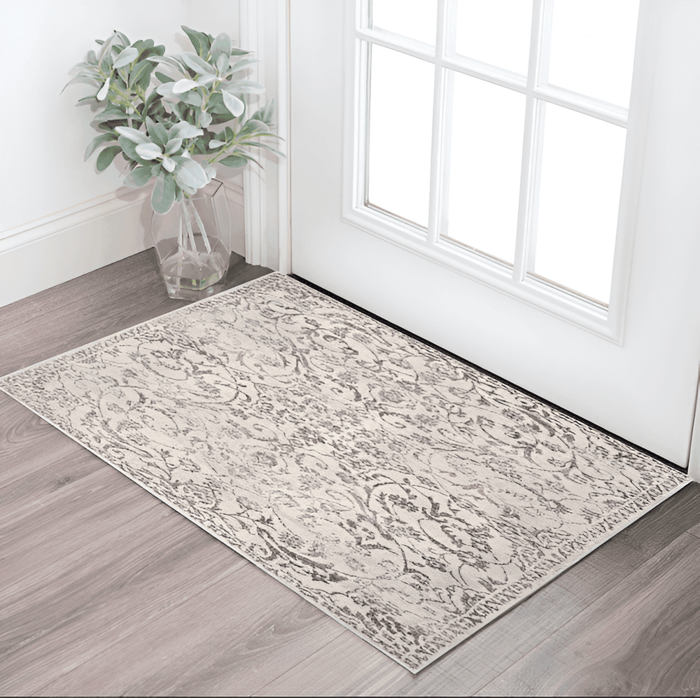 3' X 5' Ivory Floral Vines Worn Faded Area Rug - Homeroots - Flyclothing LLC