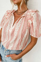 Frilled Short Puff Sleeve Mixed Print Blouse - Trendsi - Flyclothing LLC