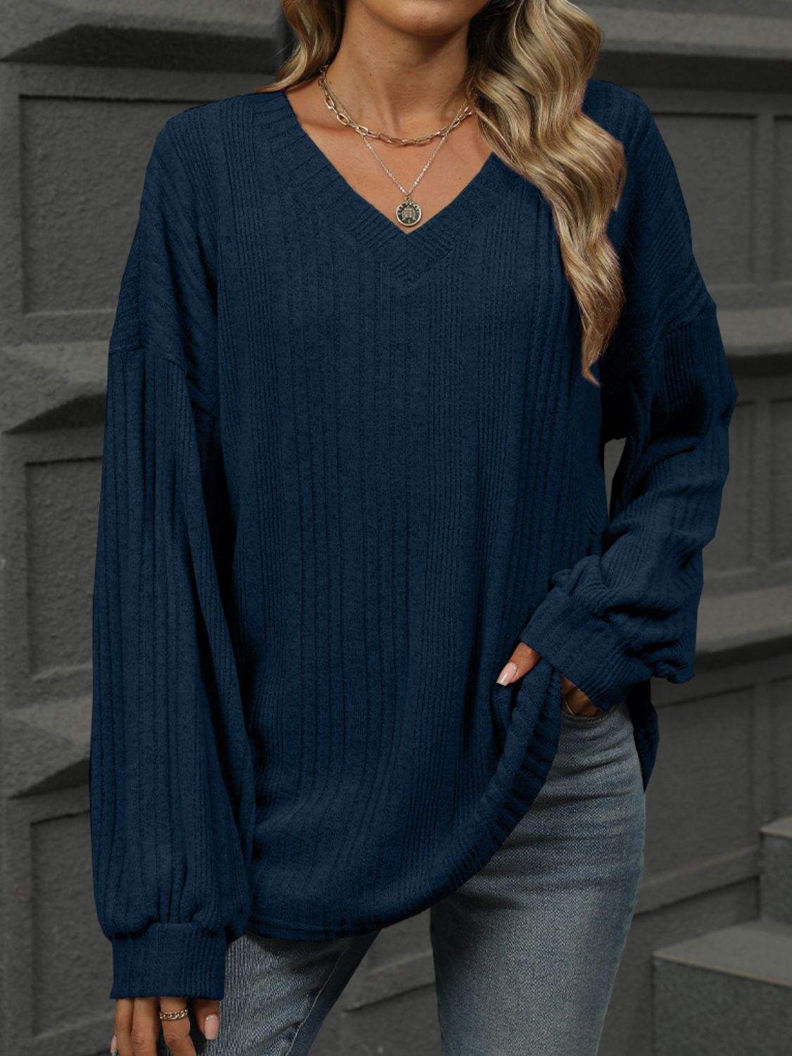 V-Neck Long Sleeve T-Shirt - Trendsi - Flyclothing LLC