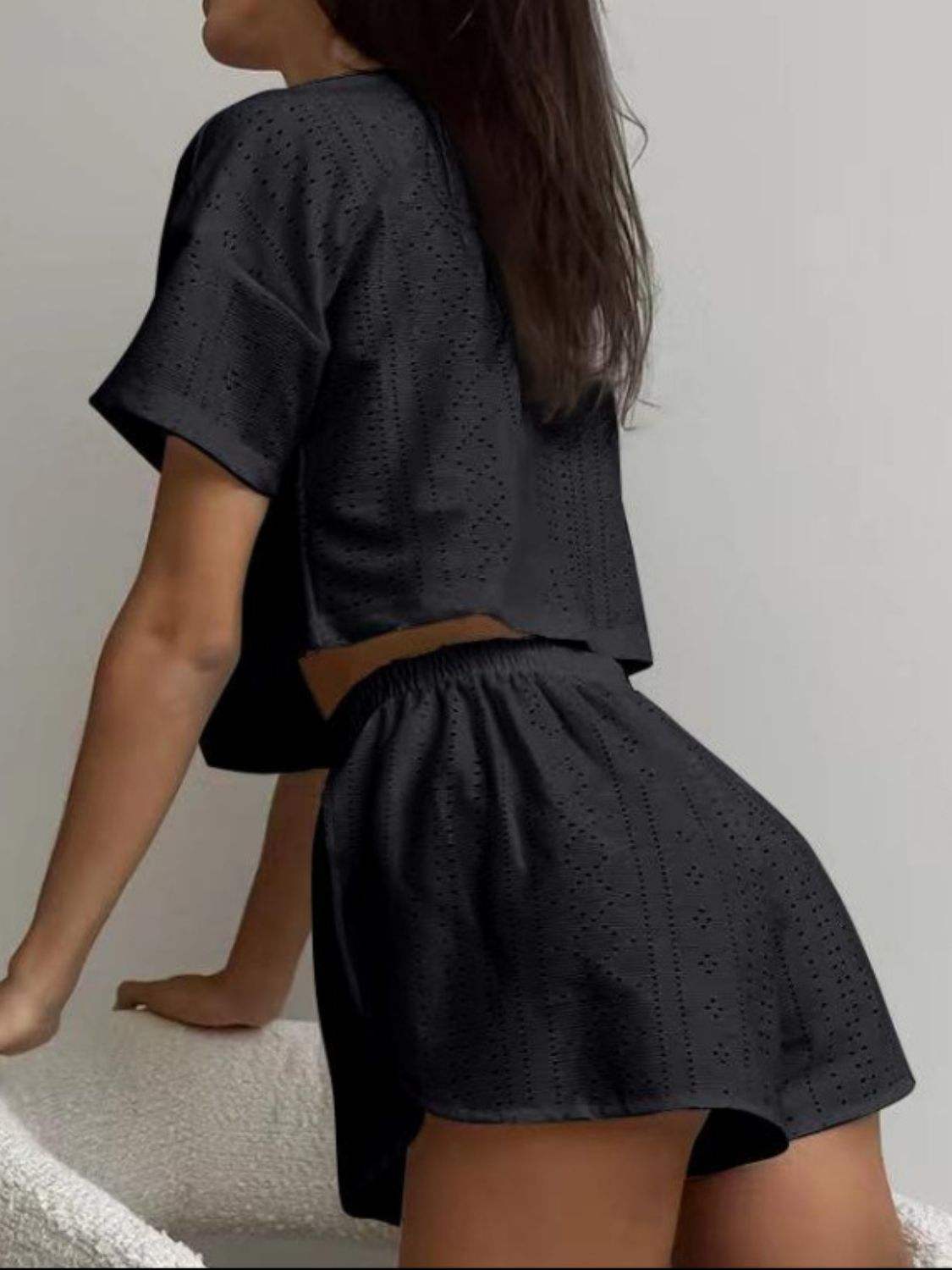 Eyelet Round Neck Top and Shorts Set - Trendsi - Flyclothing LLC