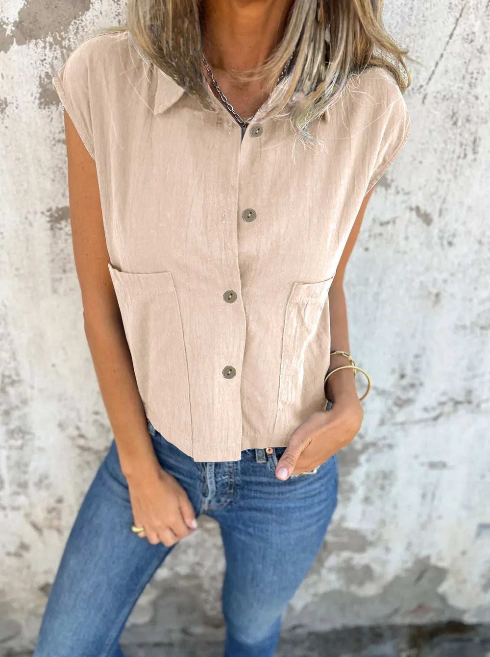 Full Size Button Down Cap Sleeve Linen Shirt Plus Size - Trendsi - Flyclothing LLC