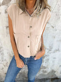 Full Size Button Down Cap Sleeve Linen Shirt Plus Size - Trendsi - Flyclothing LLC