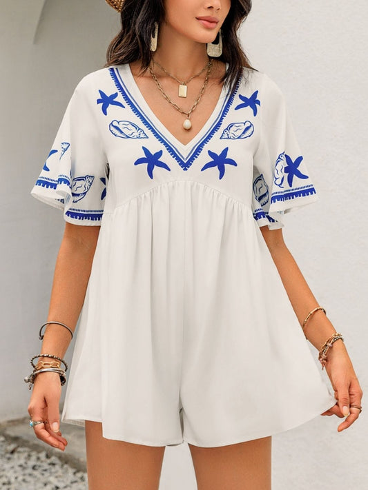 Printed V-Neck Half Sleeve Romper - Trendsi
