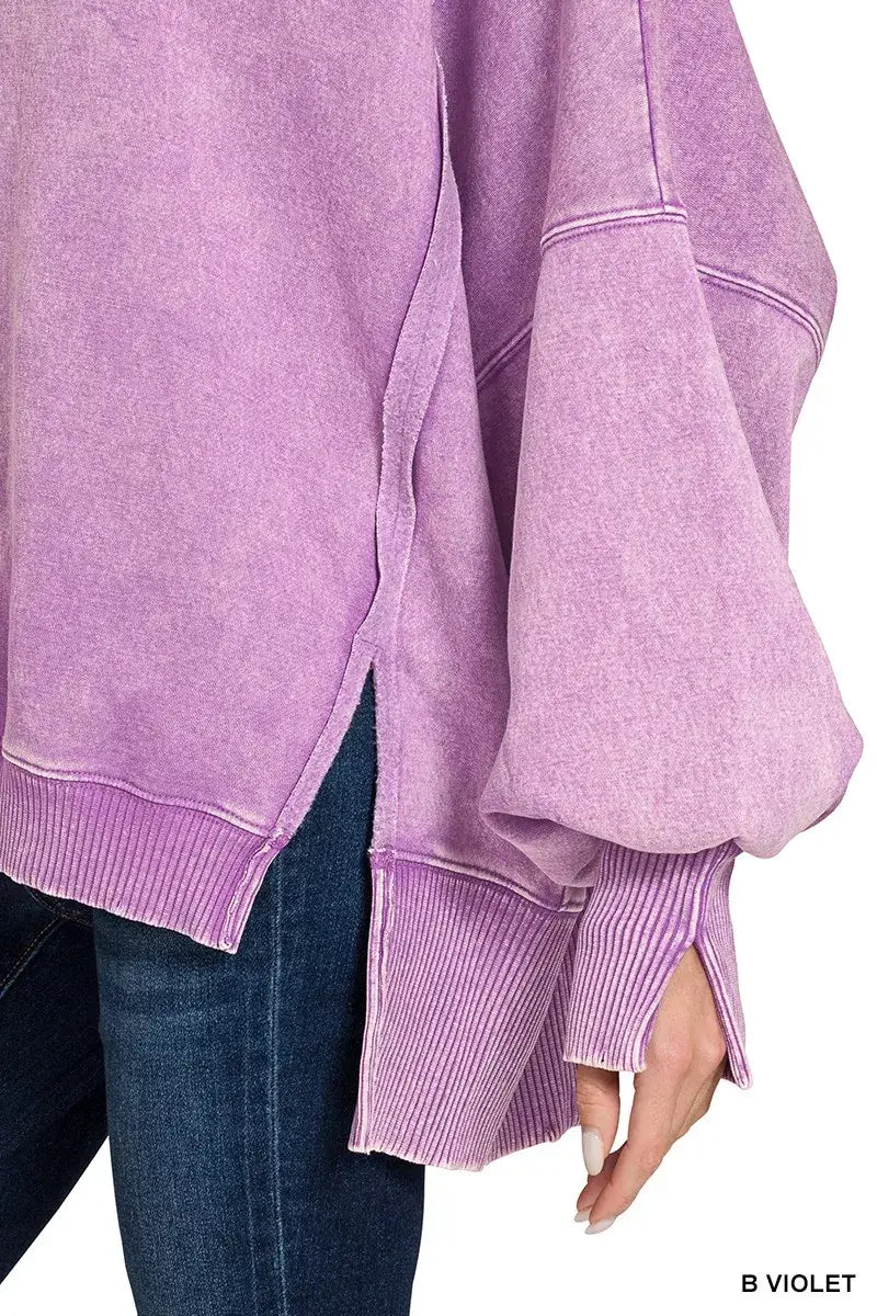 Zenana Acid Washed Batwing Sleeve Fleece Sweatshirt - Trendsi - Flyclothing LLC