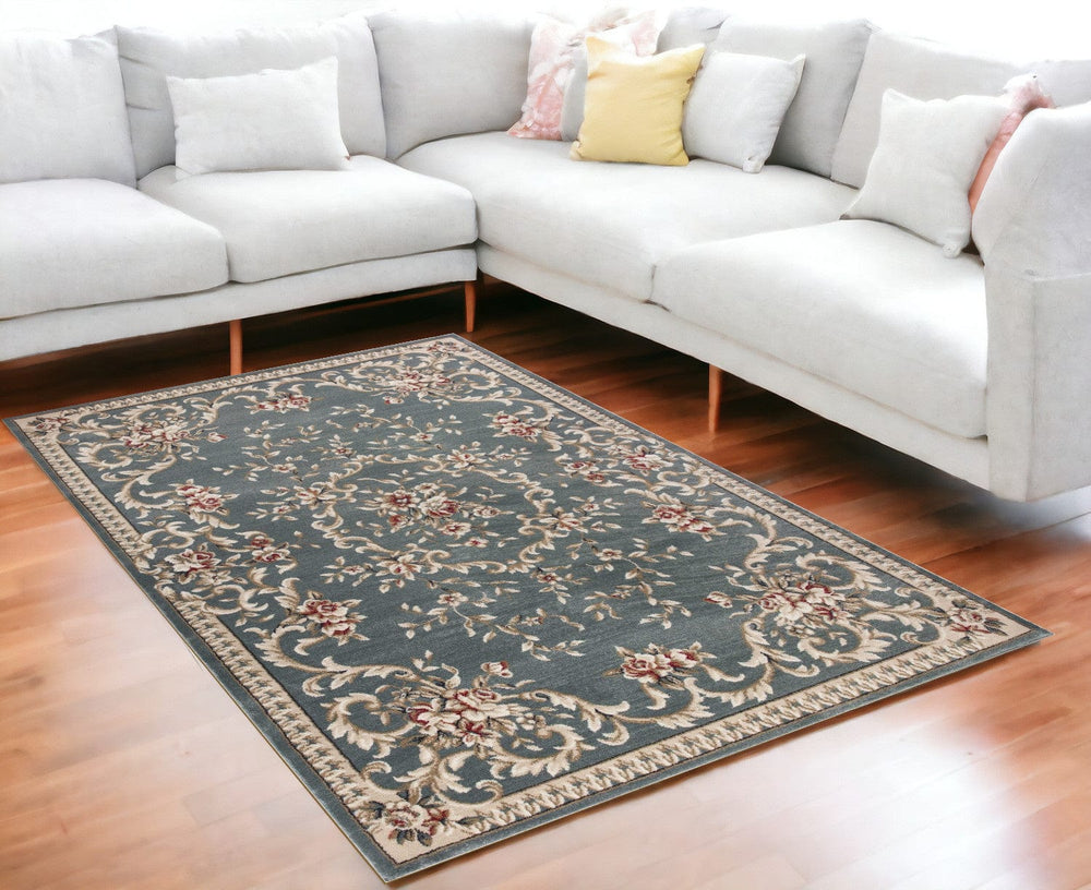 5' X 8' Slate Blue Floral Indoor Area Rug - Homeroots