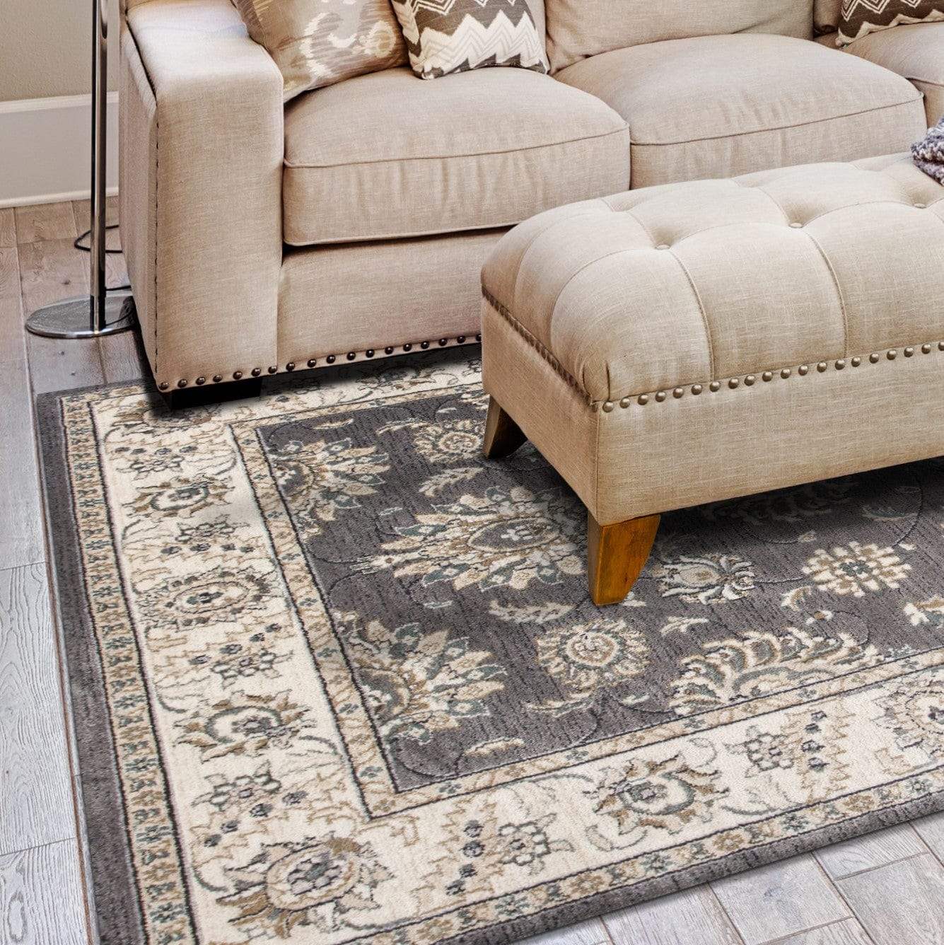 5' X 8' Grey Or Ivory Floral Vines Bordered Area Rug - Homeroots - Flyclothing LLC